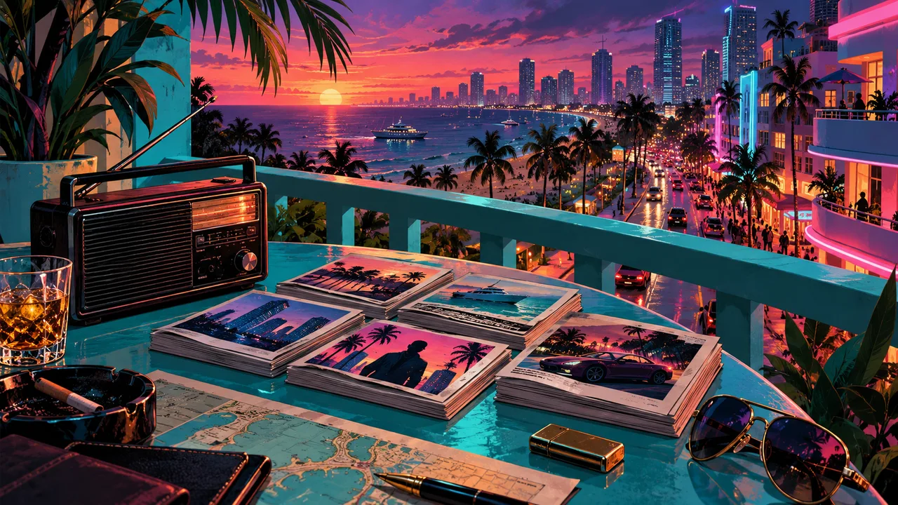 AI illustration: A portable radio and news cards on a balcony above a neon coastal boulevard.