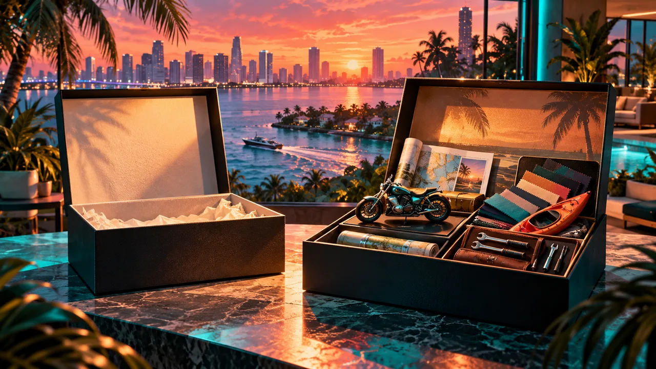 AI illustration: Two open collector boxes beside a miniature motorcycle, kayak and customization tools.