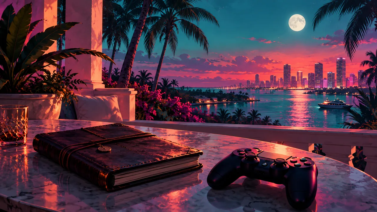 AI illustration: A closed journal and controller overlooking a moonlit tropical skyline.