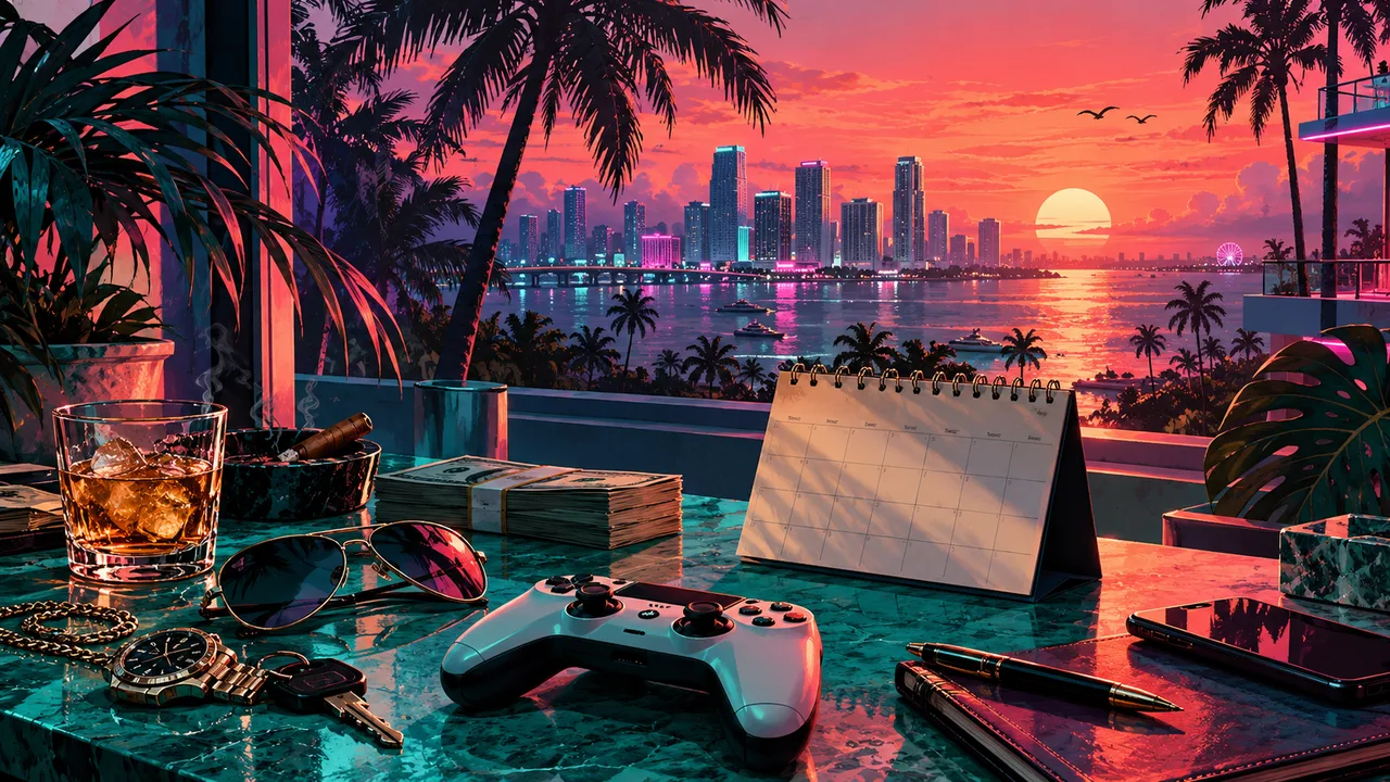 AI illustration: A blank calendar and game controller on a tropical desk at sunset.