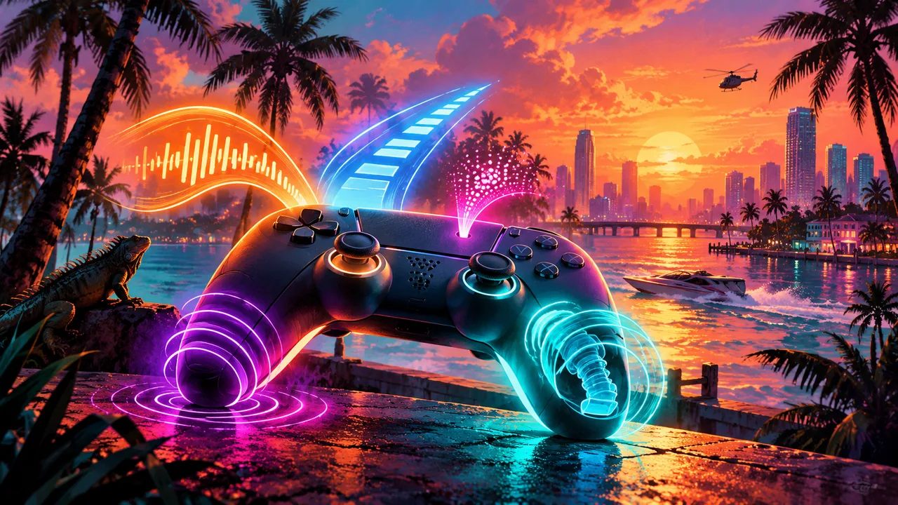 AI illustration: A game controller surrounded by colored sound, vibration and light trails.